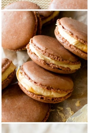 3 images of chocolate peanut butter macarons