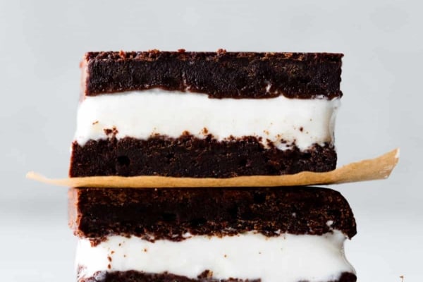 two homemade brownie ice cream sandwiches