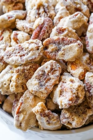 candied nuts in a white bowl