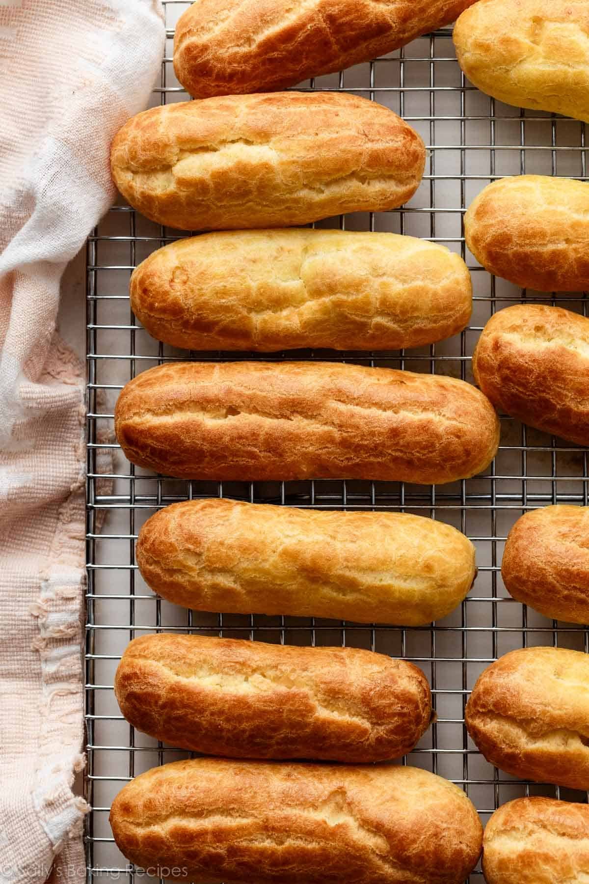 choux pastry shells on cooling rack.