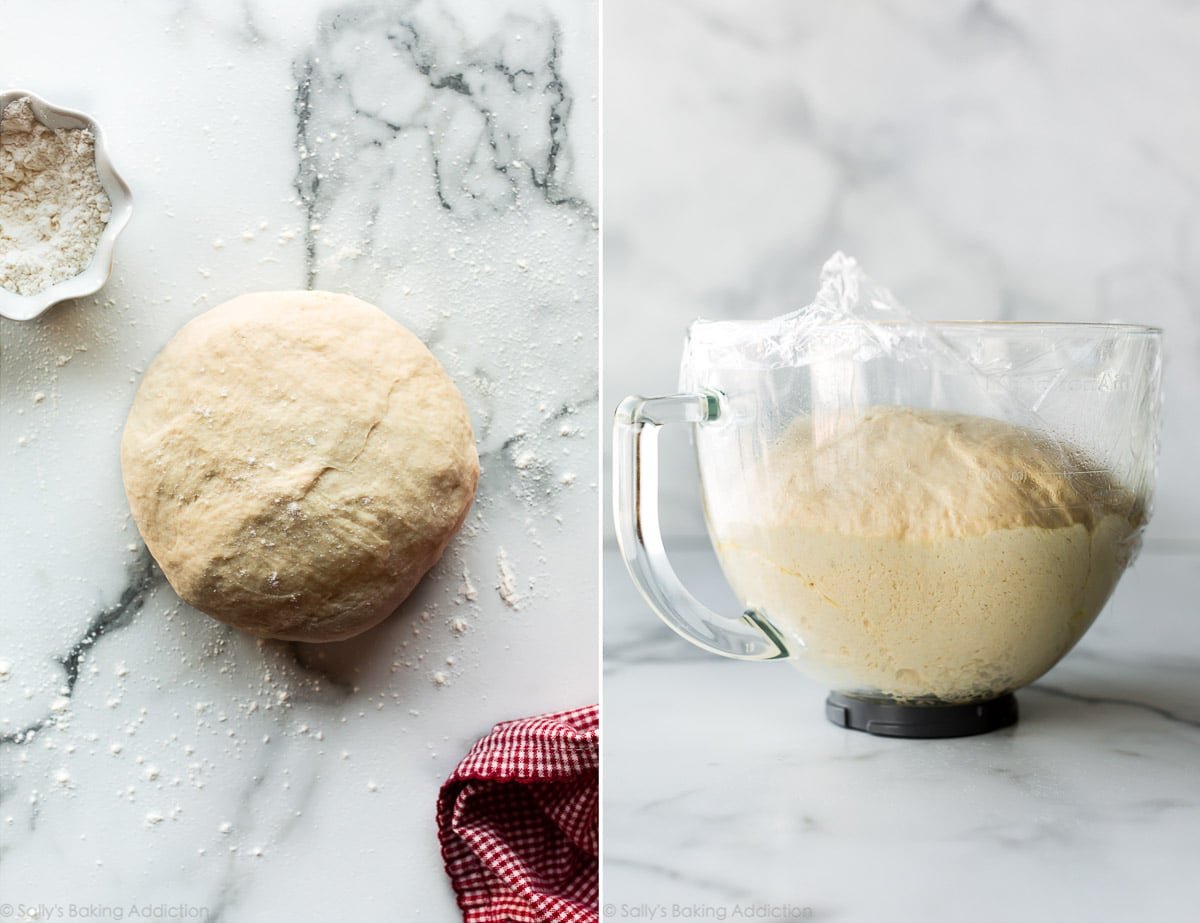 2 images of homemade pizza dough in a ball and rising in a glass bowl on counter