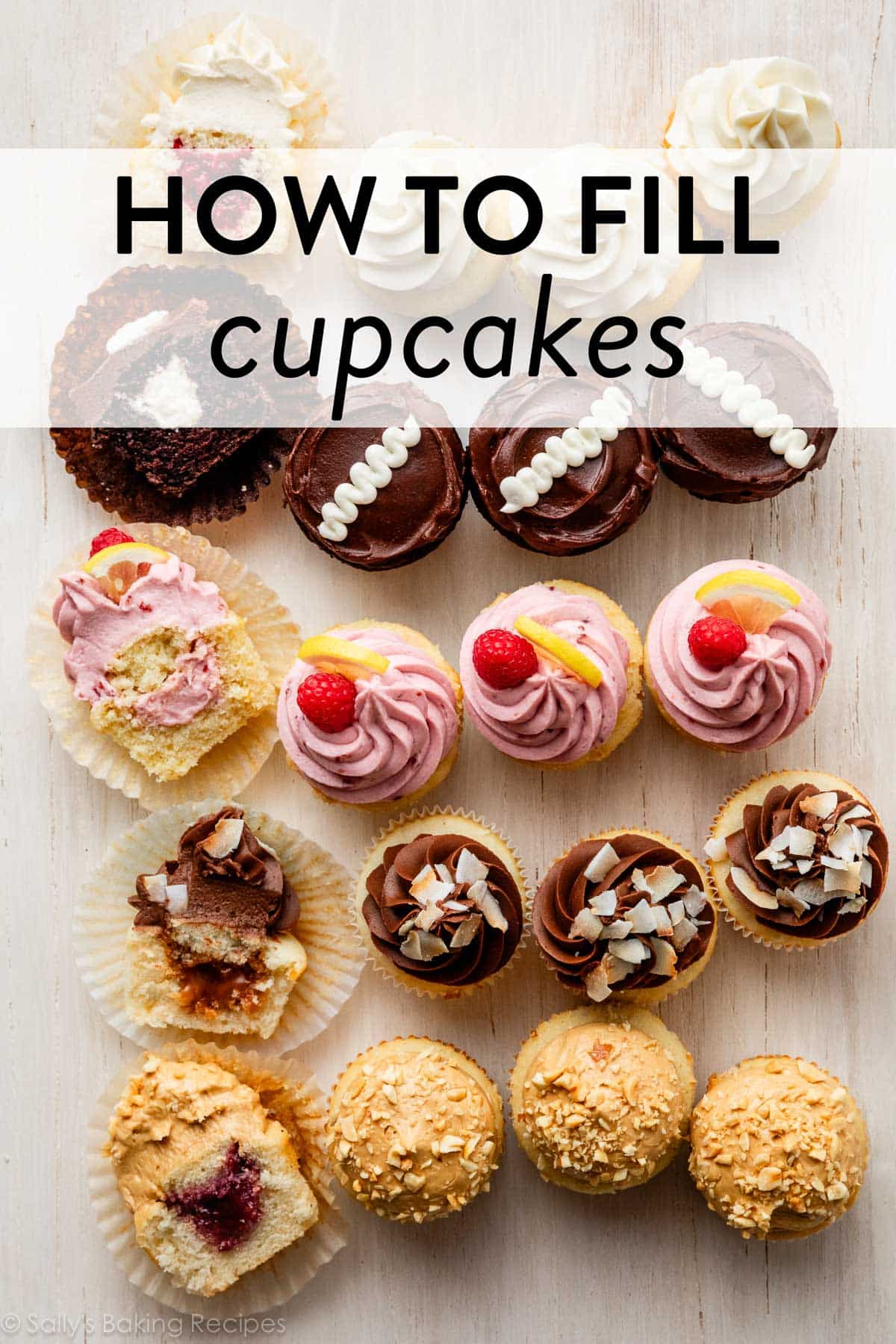 cupcakes with frosting and filling with text "how to fill cupcakes" on top.