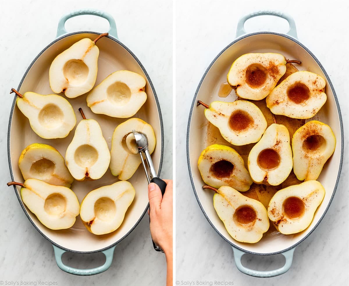 halved and cored pears in oval baking dish with blue handles.