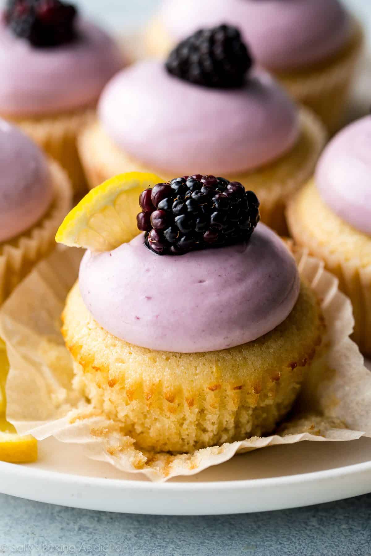 lemon cupcakes with blackberry cream cheese frosting