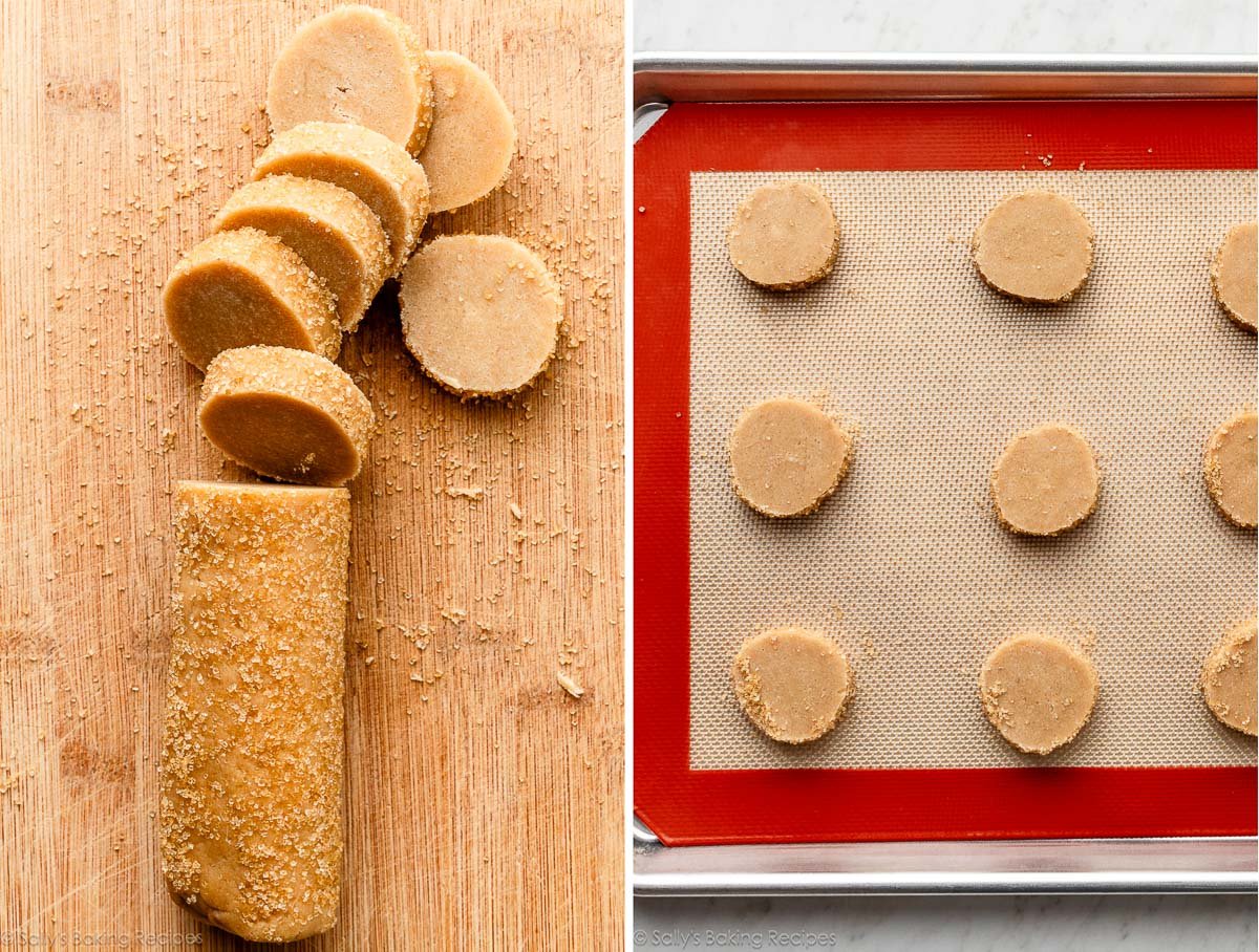 cookie dough sliced from a log and shown again on lined baking sheet.