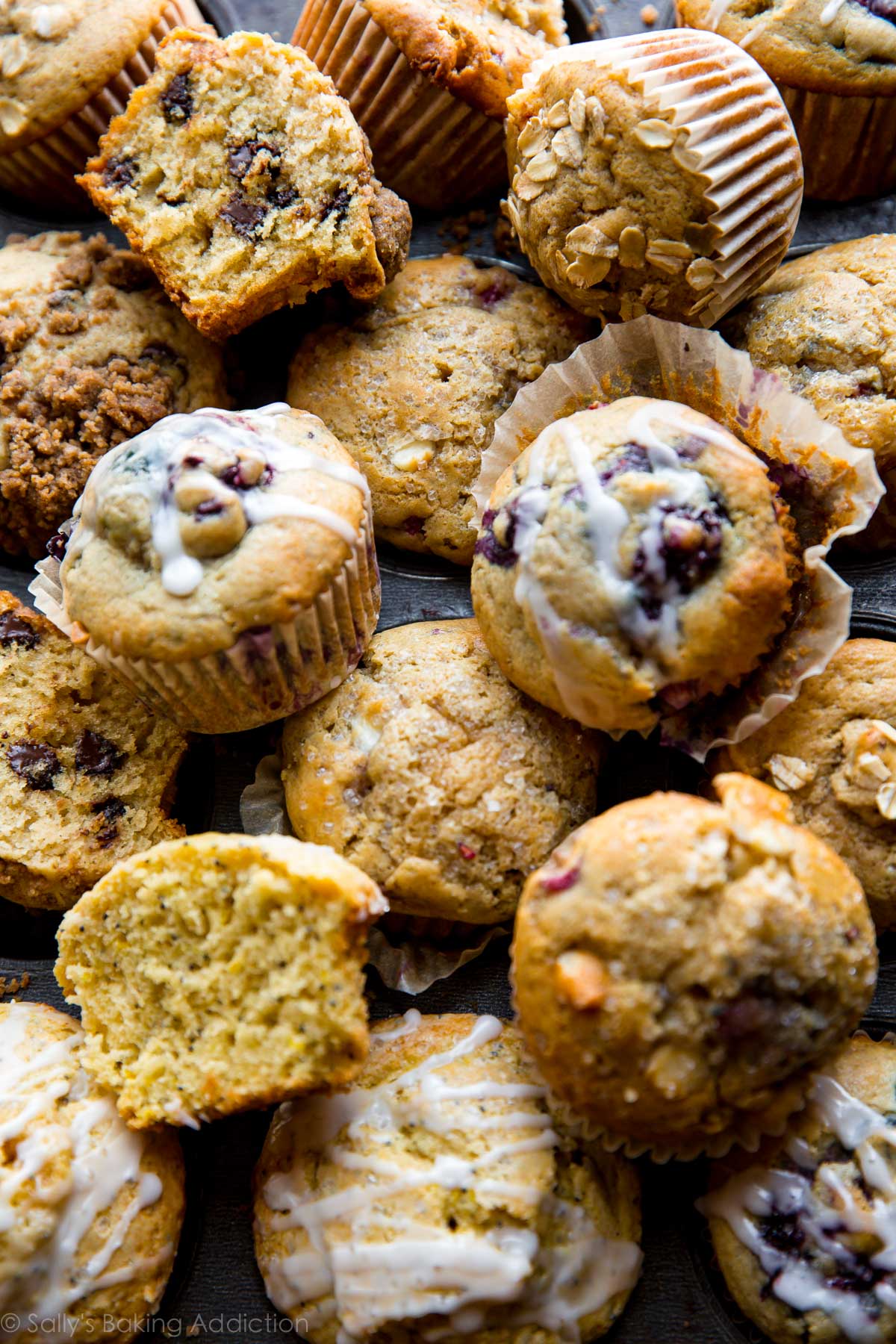 overhead image of a variety of muffins