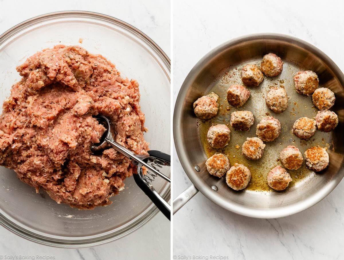 turkey meatball mixture in glass bowl and shown again shaped and in skillet.