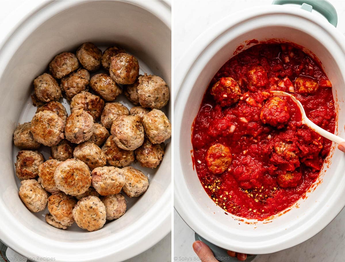 meatballs pre-cooked and in white slow cooker and shown again being stirred with tomato sauce ingredients.