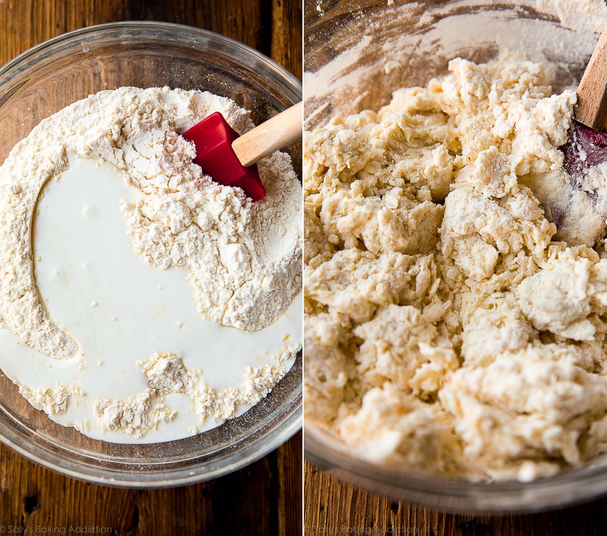 2 images of biscuit dough in glass bowls