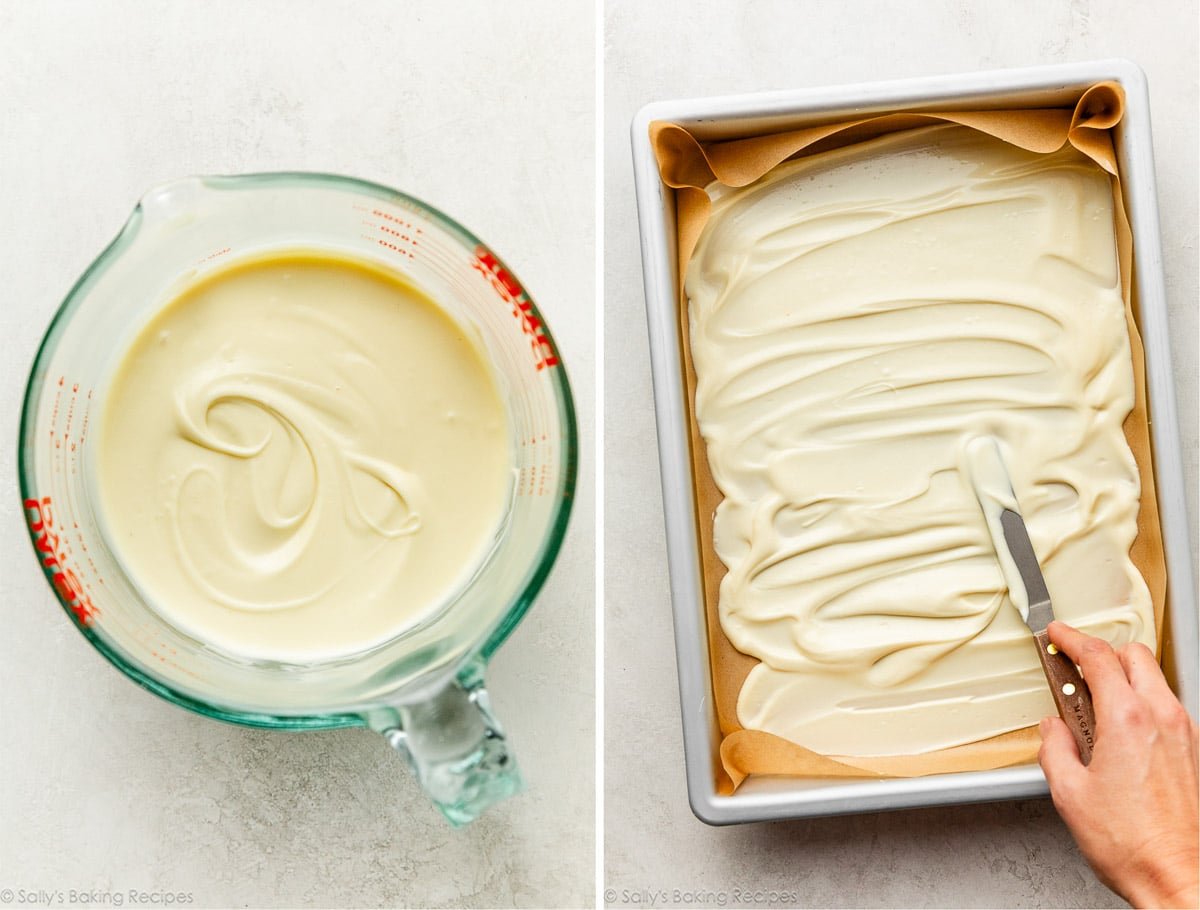 melted white chocolate in glass measuring cup and shown again being spread into a lined pan.