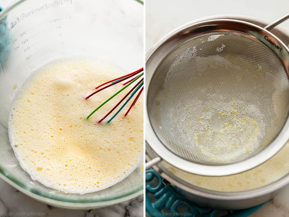 tempered milk and egg yolk mixture and shown again being strained through a sieve.