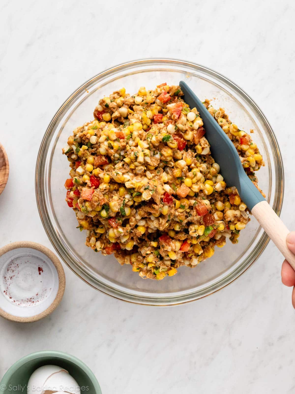 corn and pepper mixture in glass bowl.