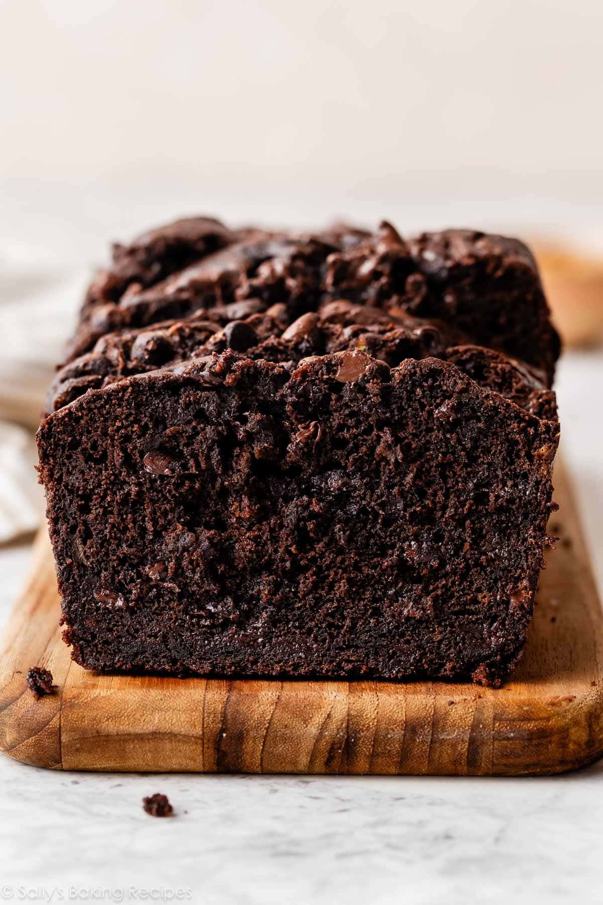 close-up of double chocolate banana bread interior.