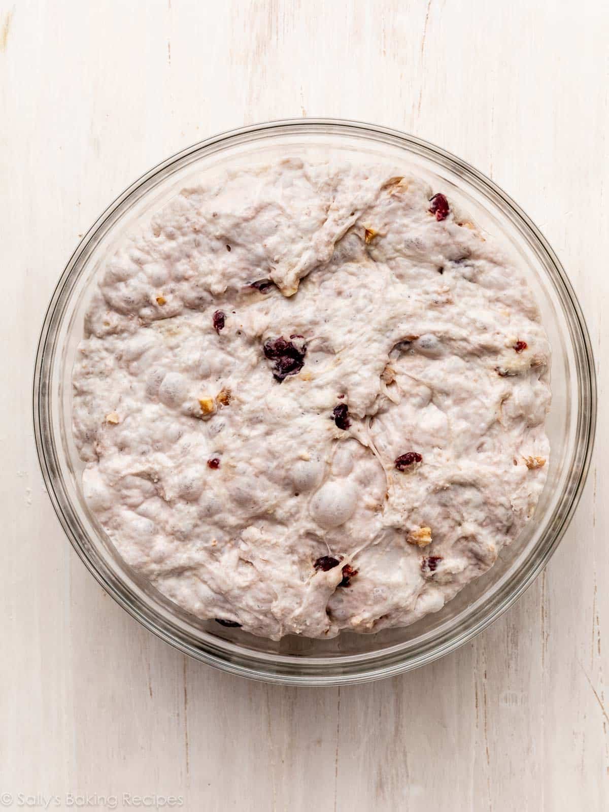 bubbly cranberry nut dough in glass bowl.