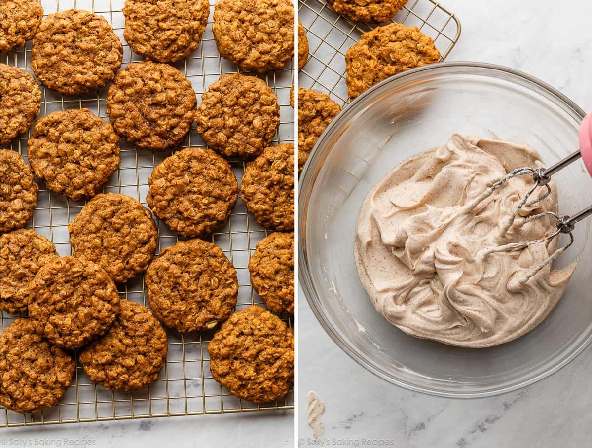 pumpkin oatmeal cookies on gold cooling rack and a picture of cream cheese frosting in glass bowl.