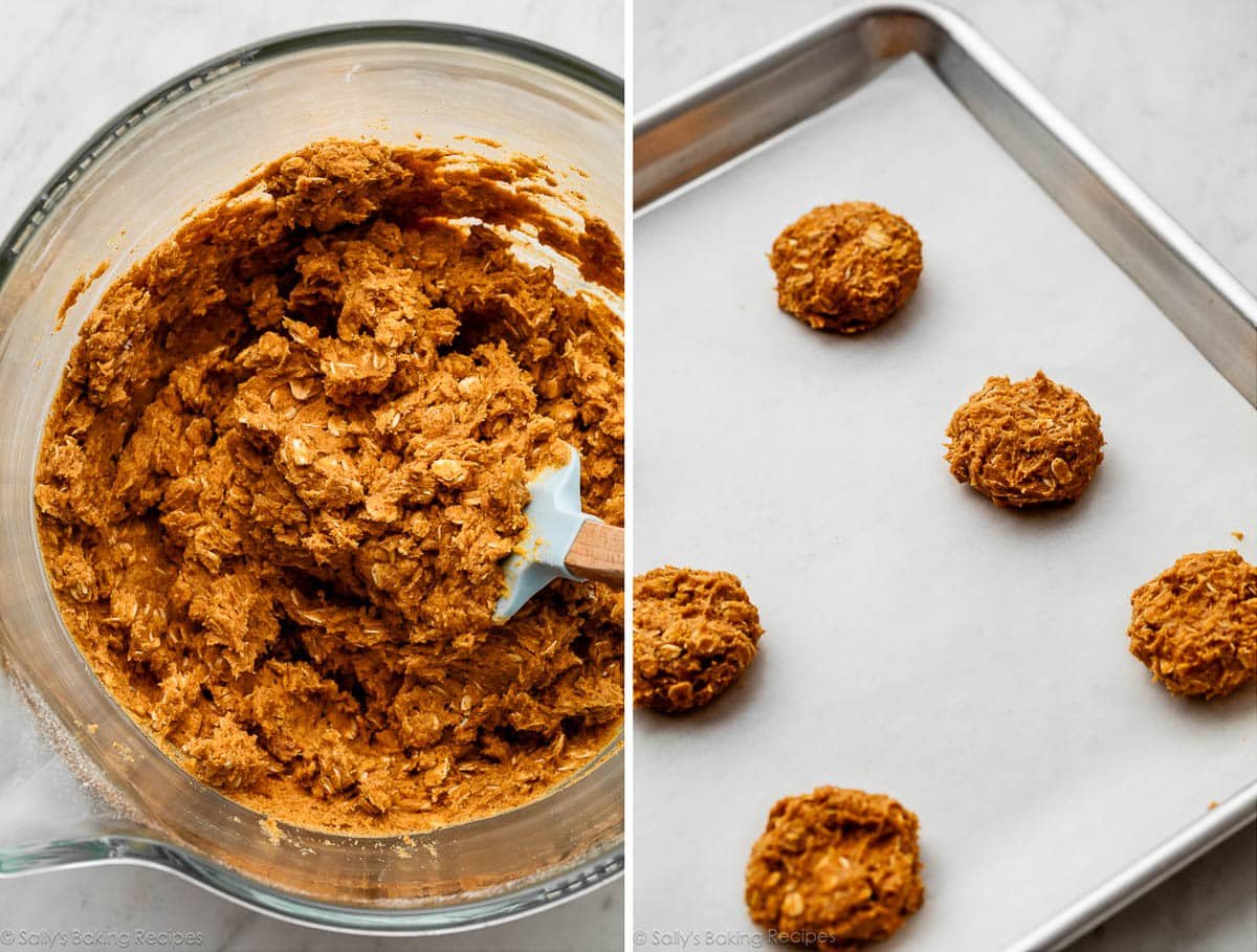 pumpkin dough in glass bowl and pictured again shaped in mounds on baking sheet.