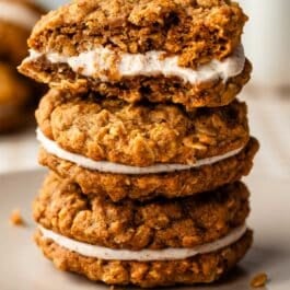 stack of pumpkin oatmeal cream pies cookie sandwiches.