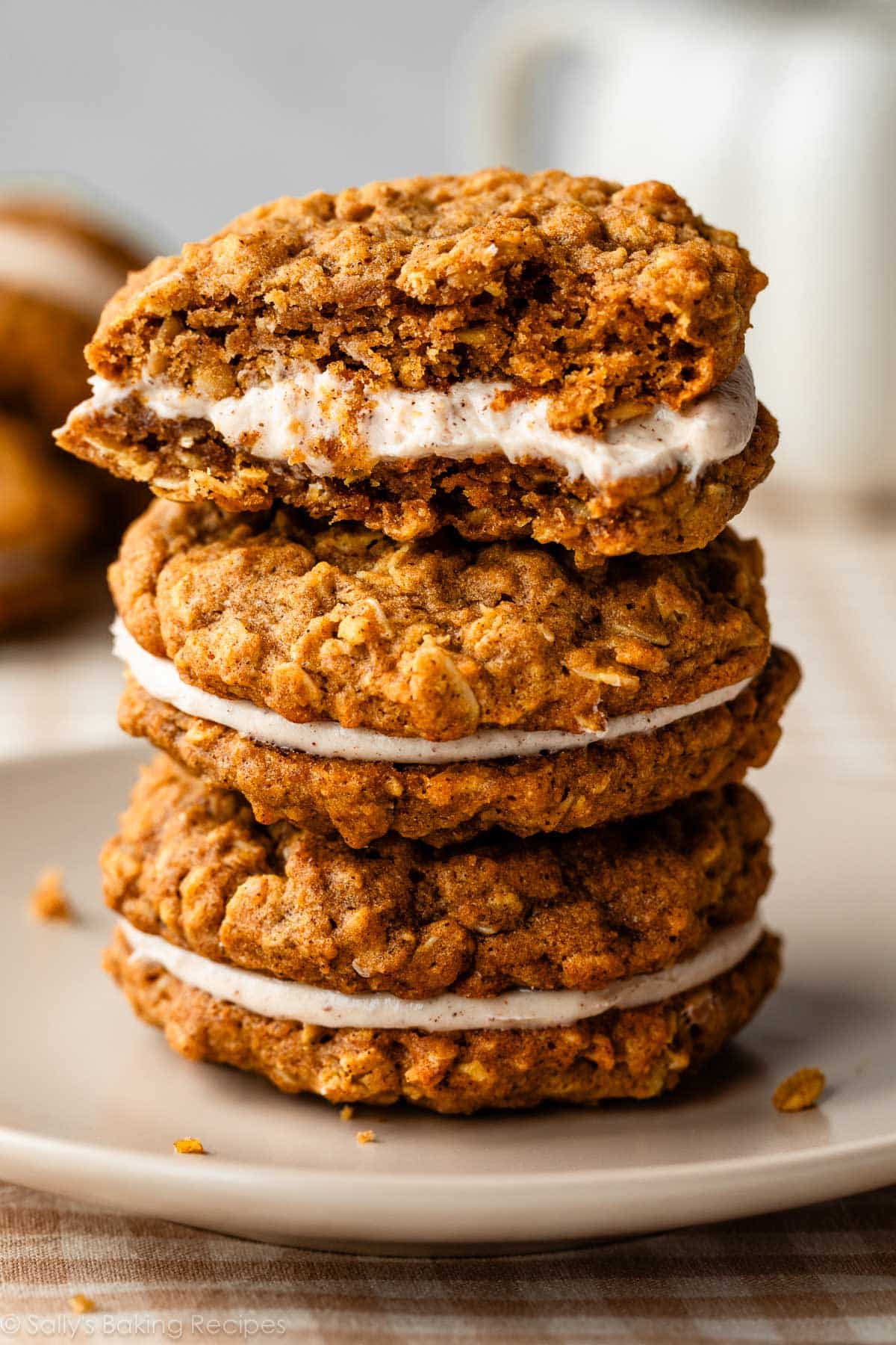 stack of pumpkin oatmeal cream pies cookie sandwiches.