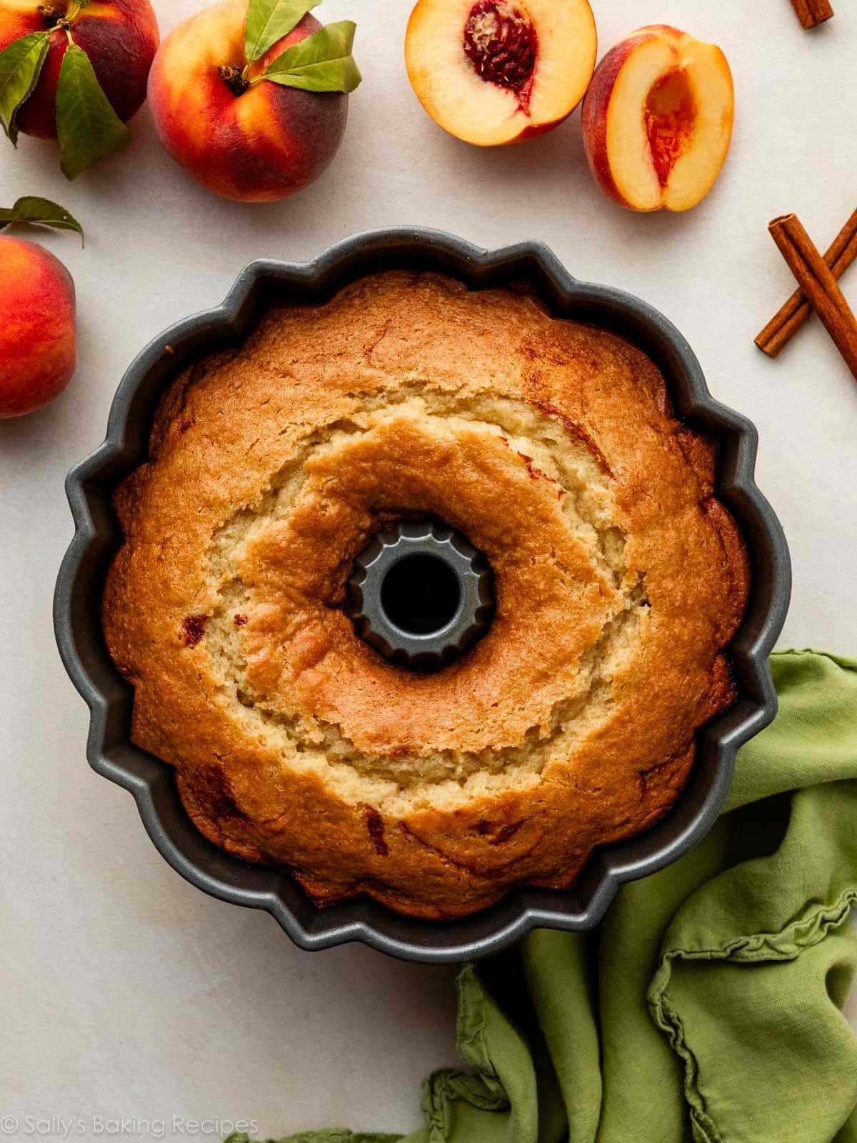 peach cake in Bundt pan.