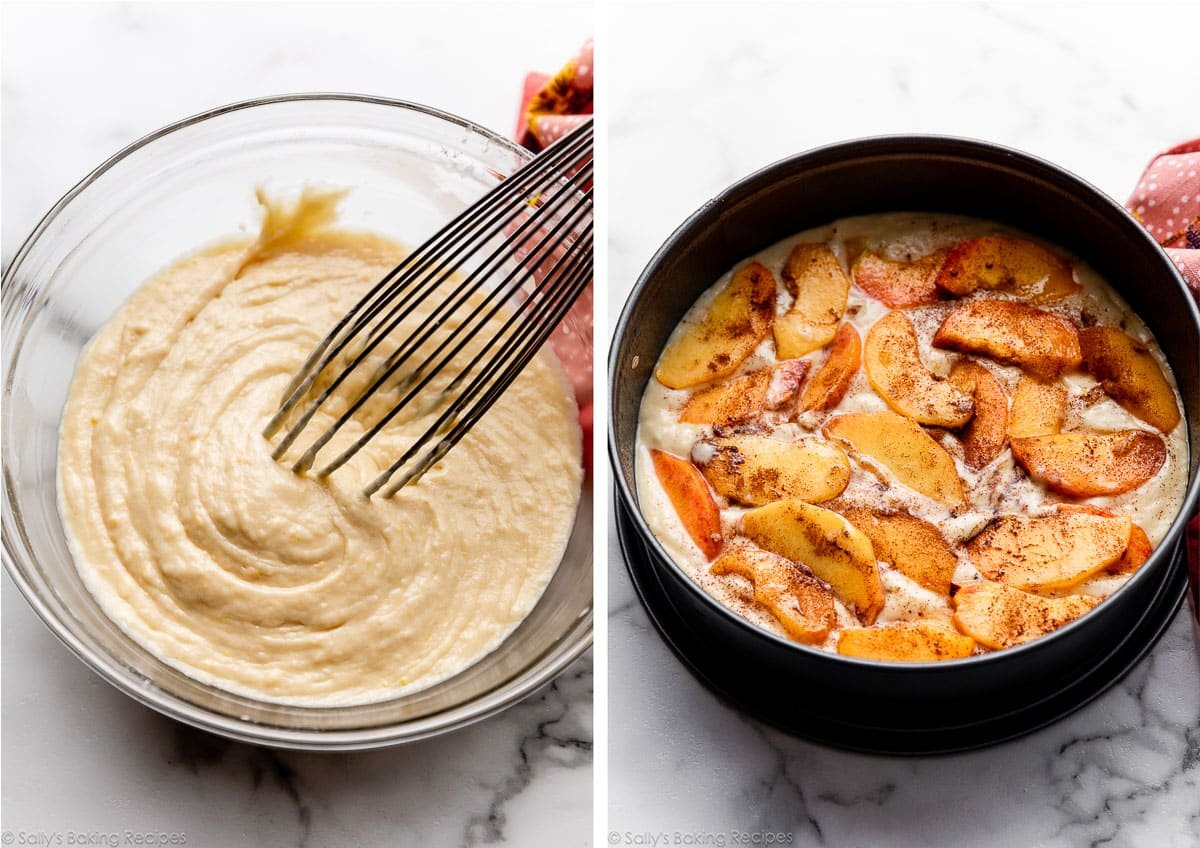 batter in glass bowl and shown again in springform pan under cinnamon-covered peach slices.