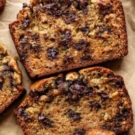 peanut butter chocolate chip zucchini bread loaf in slices.