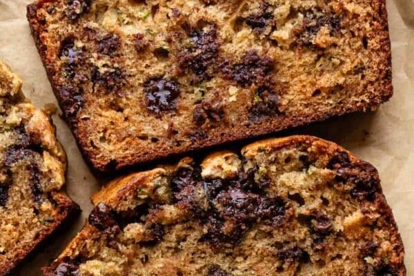 peanut butter chocolate chip zucchini bread loaf in slices.