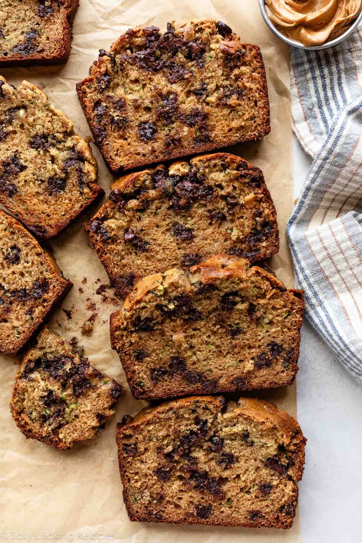 peanut butter chocolate chip zucchini bread slices.