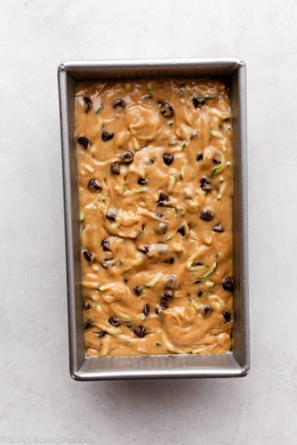 chocolate chip and shredded zucchini batter in loaf pan.