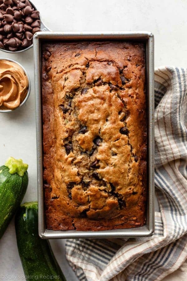 chocolate chip peanut butter bread in loaf pan.