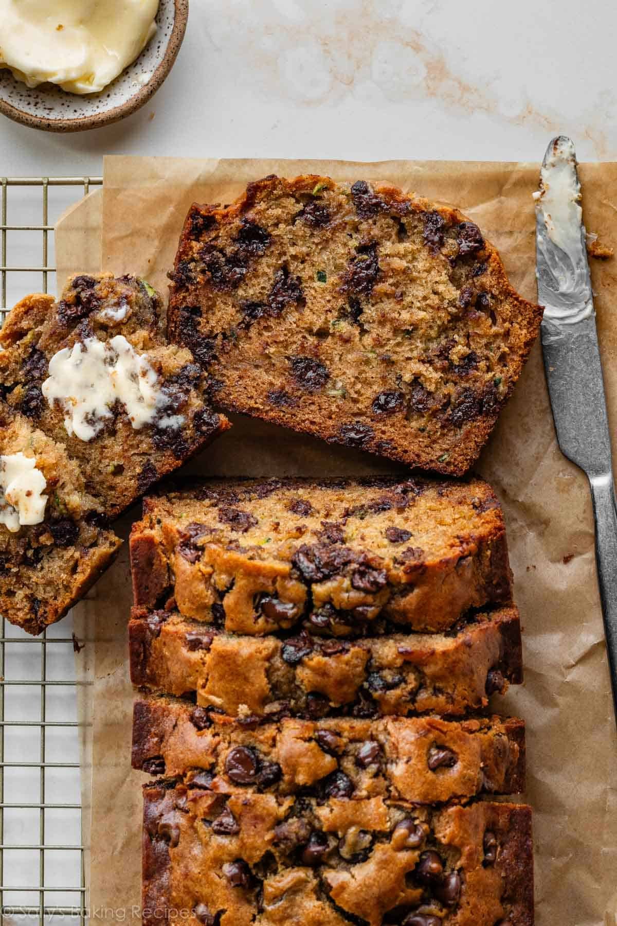 slices of peanut butter chocolate chip zucchini bread.