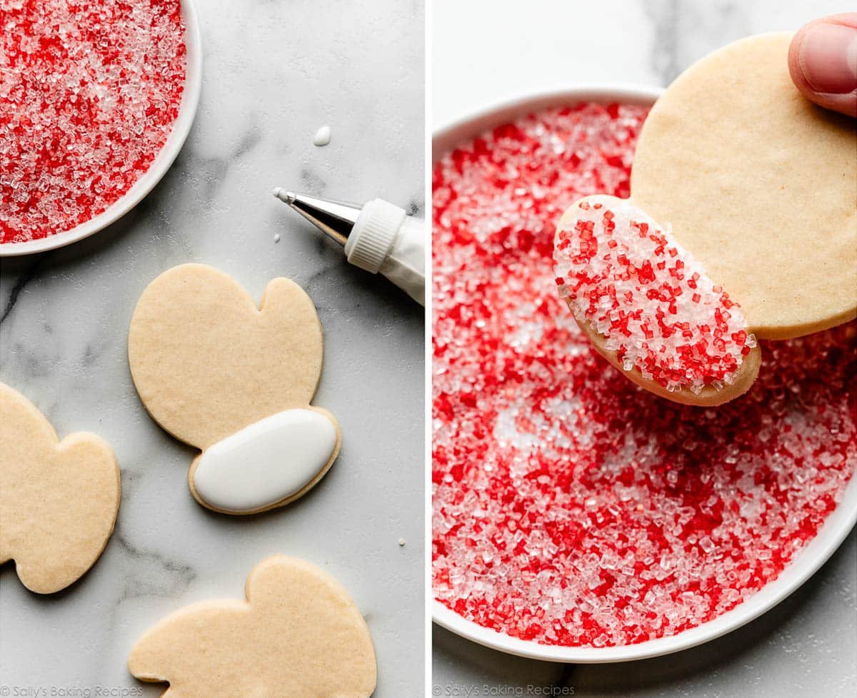 mitten shaped cookies with white icing on bottom and then shown again dipped in red sparkling sugar sprinkles.