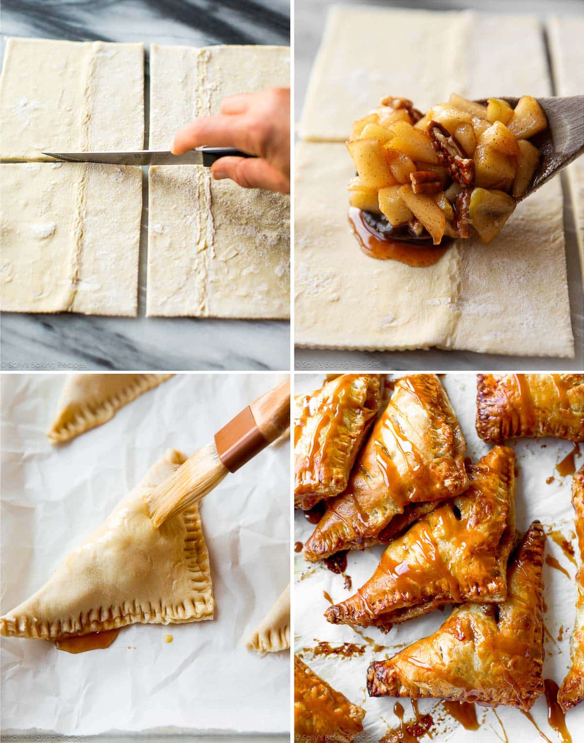 collage of photos showing shaping turnovers with store-bought puff pastry dough.