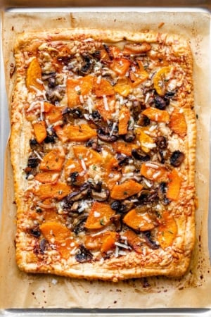 butternut squash and mushroom tart with parmesan cheese