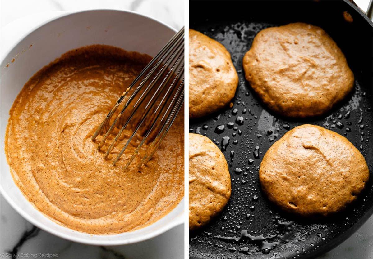 pumpkin batter in white bowl and shown again poured in circles in buttered skillet.