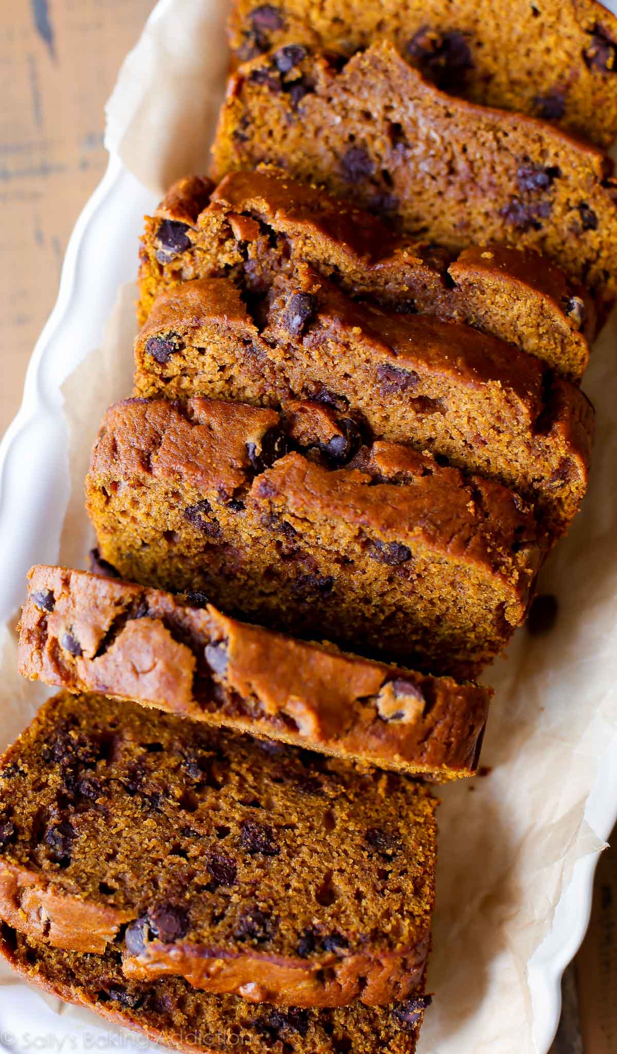 slices of pumpkin bread on a white serving tray