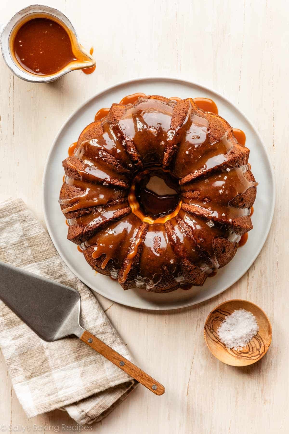 Bundt cake with salted caramel and sea salt on top.