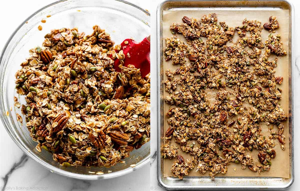 pumpkin oat mixture in glass bowl and shown again spread on a lined baking sheet.