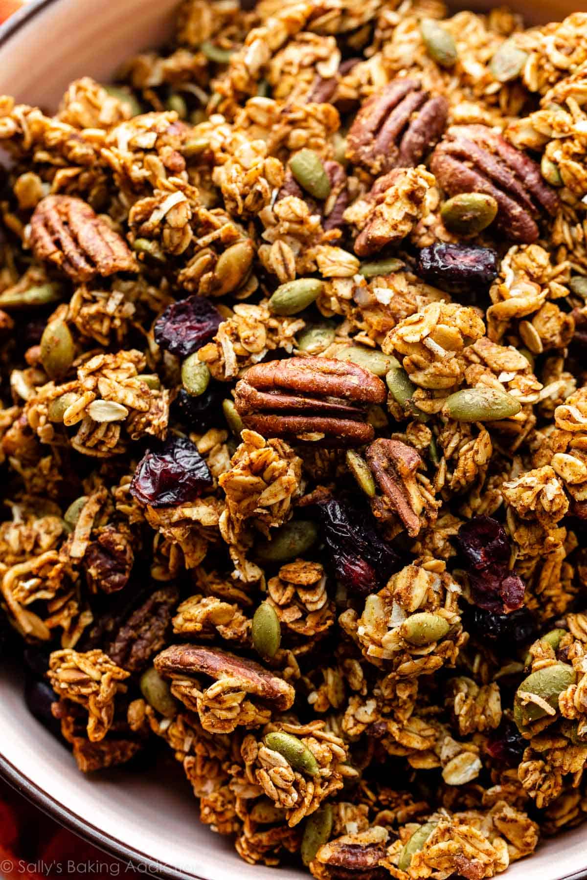 close-up photo of pumpkin spice granola with pecans and dried cranberries.