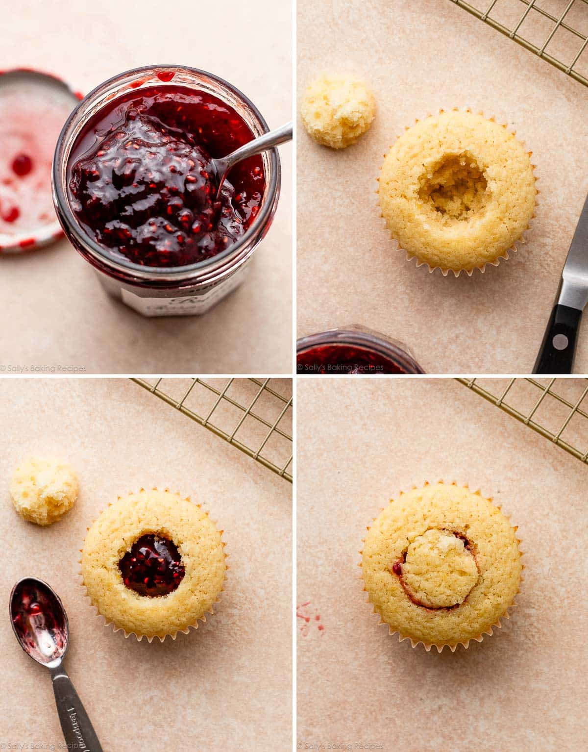 collage of photos showing filling cupcakes with preserves.