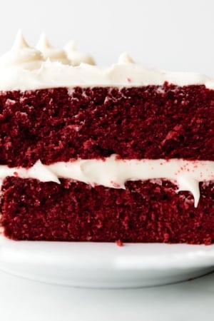 slice of red velvet cake on a white plate