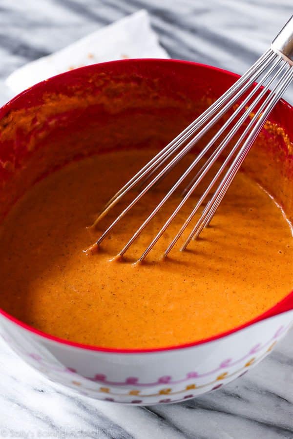 pumpkin pie filling in a mixing bowl