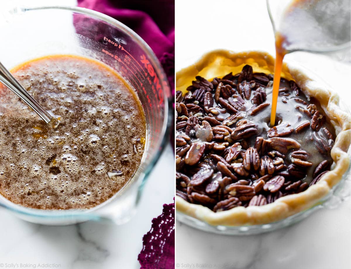 2 images of pecan pie filling in a glass bowl and pouring pecan pie filling onto pecans in the glass pie dish