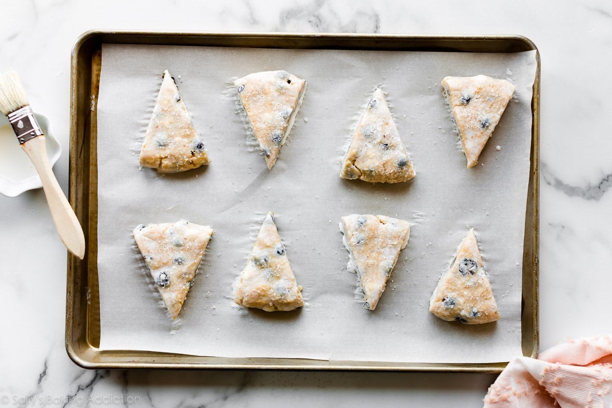 Blueberry scone wedges on baking sheet before baking