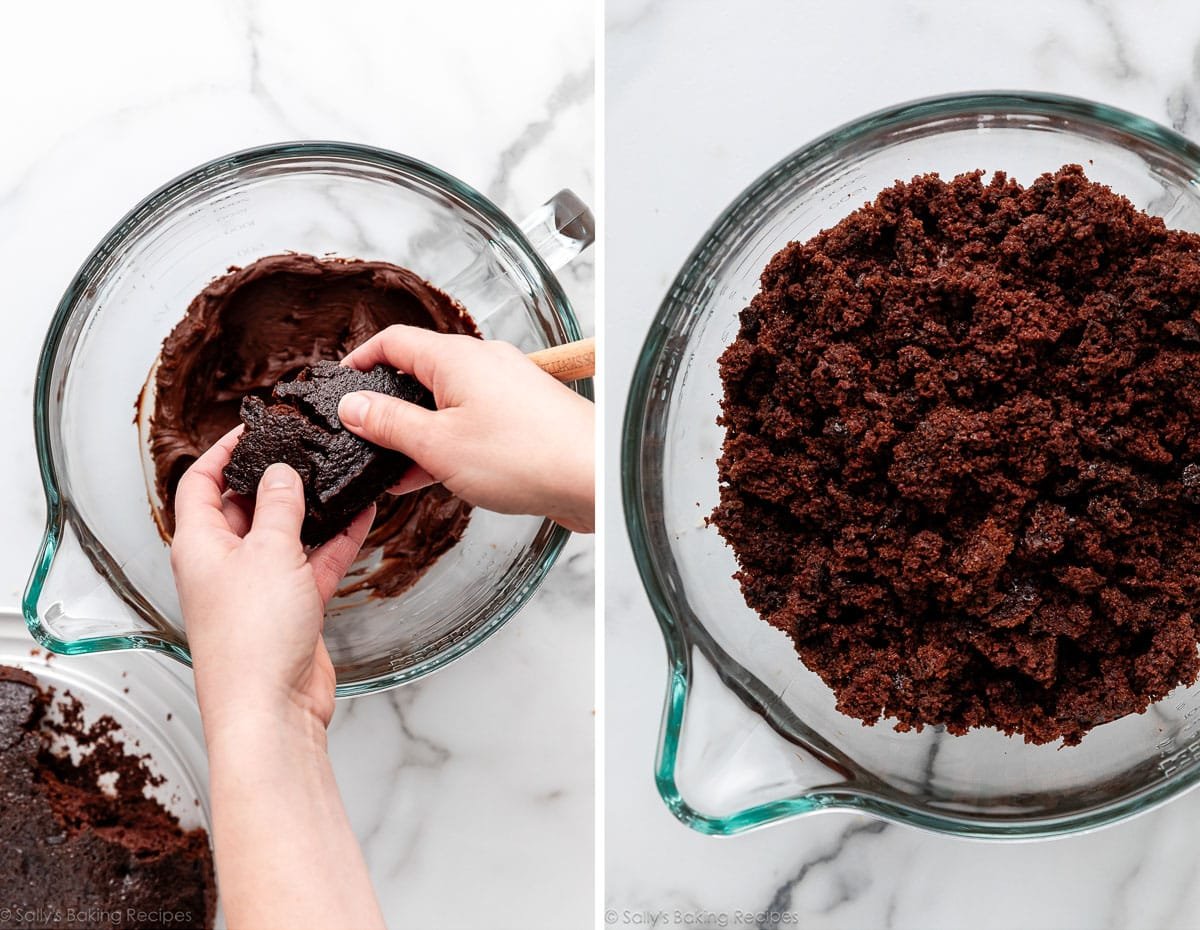 hands crumbling up chocolate cake and cake crumbles shown in bowl.