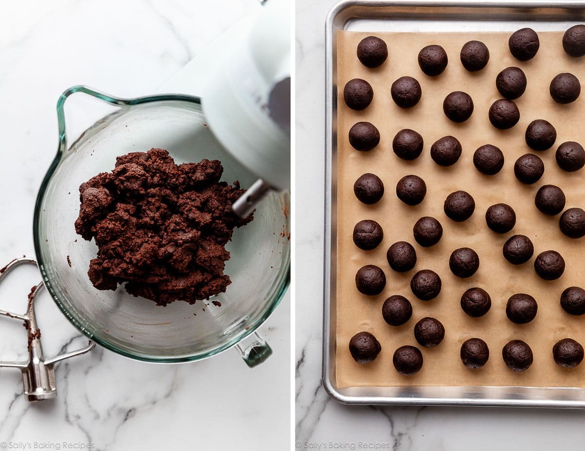 chocolate cake mixture in bowl and shown again rolled into balls.