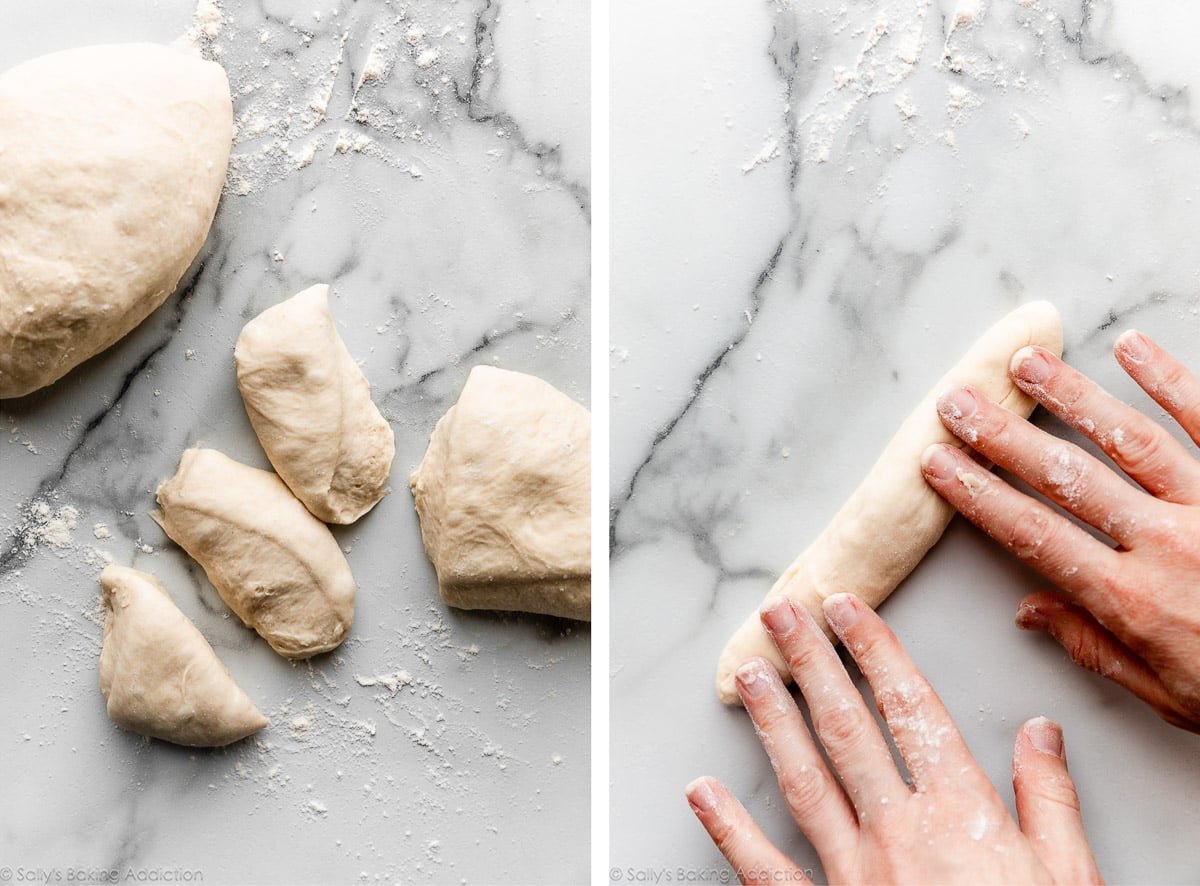 dough cut into 3 pieces and hands shown rolling into a log.