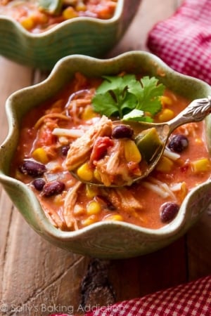 chicken chili in a green bowl with a spoon