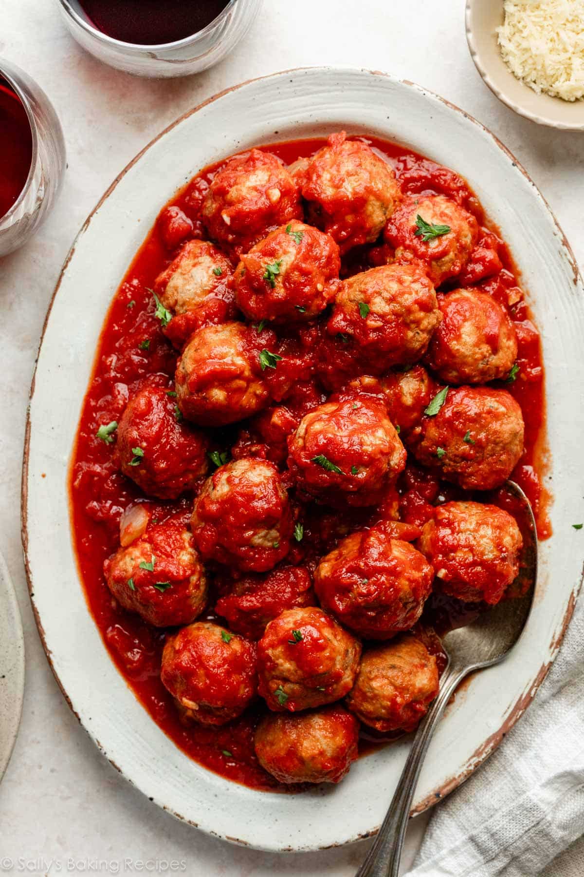 meatballs in marinara sauce on platter.