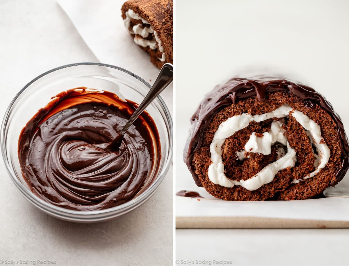 chocolate ganache in bowl and shown again on top of chocolate cake roll.