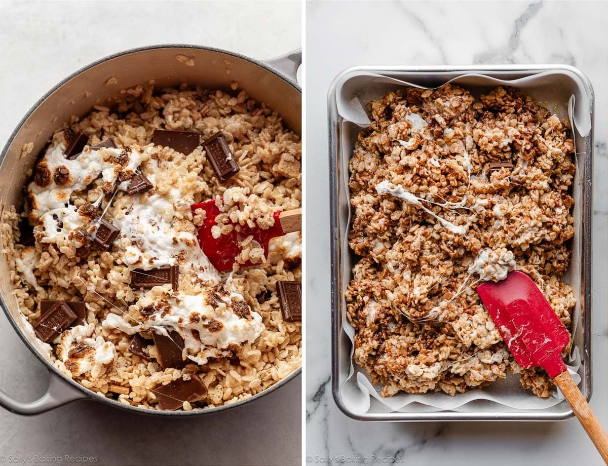 marshmallow and hershey's bars in crispy rice cereal mixture and shown again being spread in pan.